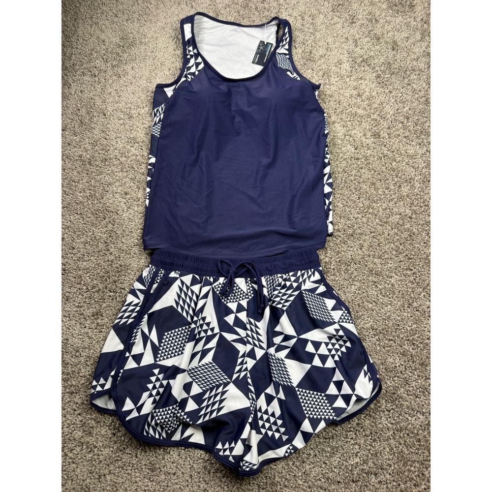 Summer Mae Tankini Swimsuit Set Size 12 Navy White Geometric Print Shorts NEW